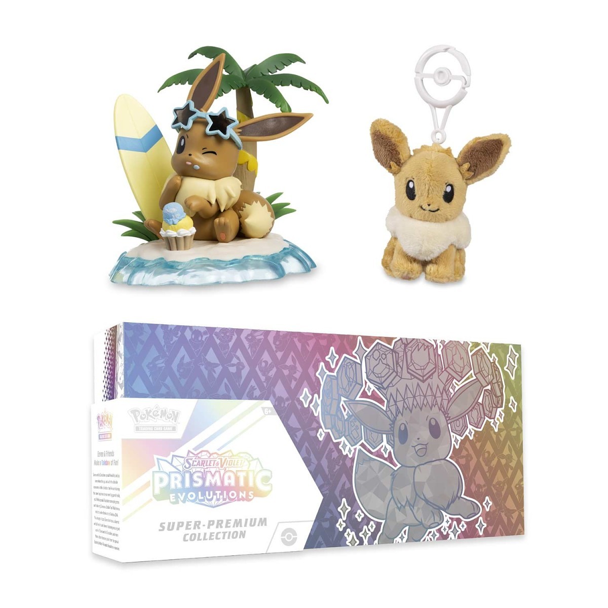 Prismatic Evolutions Super-Premium Collection, Eevee Figure & Eevee Plush Key Chain Bundle
